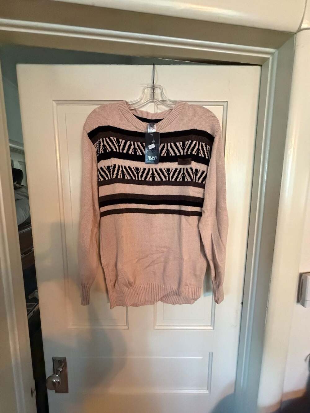 Alfa For Men Beige Geometric Pattern Crew Neck Knit Pullover Sweater